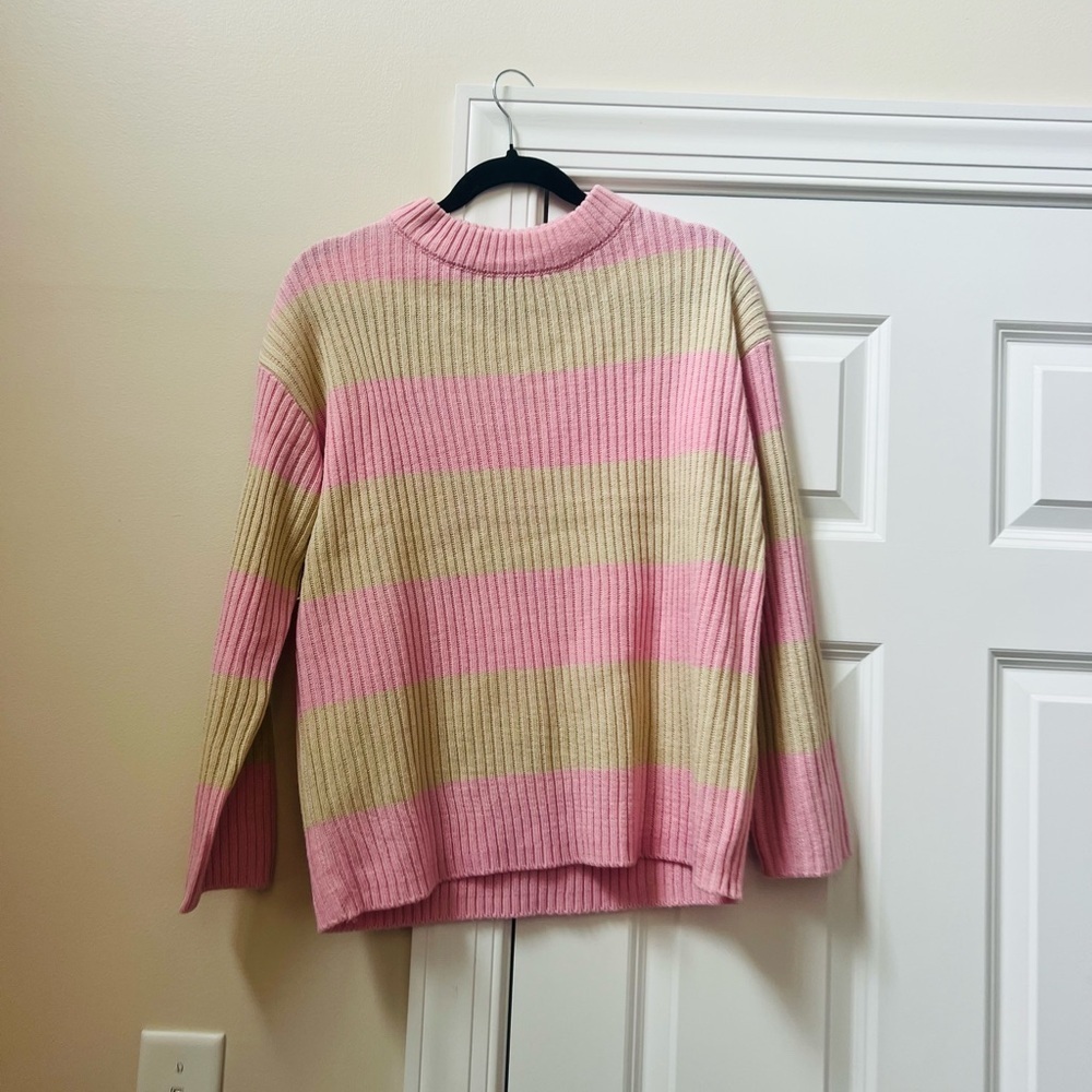 Cozy Pink and Tan Striped Women's Sweater - Picture 1 of 6